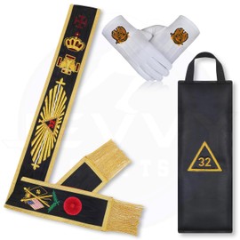 Masonic Scottish Rite 32nd Degree Rose Croix Shoulder Sash – Hand Embroidered Bullion Wire Sash (Left to Right) with Free Leather Case and Large Embroidered Gloves