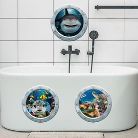 Runtoo Under The Sea Wall Decals Stickers 3D Shark Sea Turtle Window Clings for Kids Room Nursery Bedroom Bathroom Home Decor [3PCS]