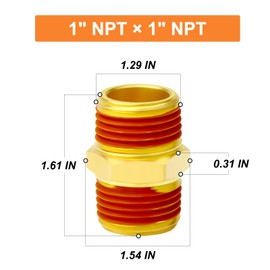 GASHER 1PCS Brass Pipe Fitting, Hex Nipple, 1" Male Pipe x 1" Male Pipe With Sealant