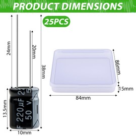 LongZYU 25 Stück Kondensator 220µf50V Elektrolytkondensatoren Aluminium-Elektrolytkondensator Electrolytic Capacitors Elkos Kondensator 105°C Kondensatoren 220µf mit Aufbewahrungsbox, 10 x 13 mm