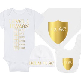 Gaming Baby Onesie, Hat, Blanket and Bib - Level 1 Human with Ability Scores - Helm +1 AC - Shield +2 AC - Shield +2 AC (0-3 Month - White Fabric - Gold Design)