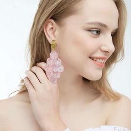 YUNXI Long Acrylic Romantic Rose Petal Dangle Earrings Exaggerated Flower Drop Statement Floral Tassel Earrings for Women Jewelry (Pink)