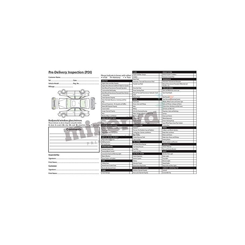 Vehicle Pre Sales/Delivery Inspection PDI Form NCR Pad - A4
