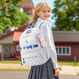 Amythe School Backpack Girls Backpack School Teenager with Cute Pendant Lightweight Waterproof Daypack 29 Litres Fashionable School Bag Girls for School or Travel, White