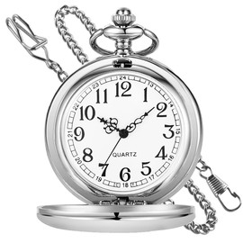 Tiong Vintage Pocket Watch with Chain Clip Smooth Steel Arabic Numerals White Dial Men's Quartz Pocket Watches for Men