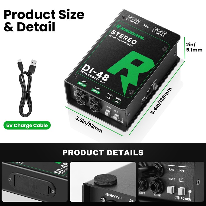 Direct Box with Dual 1/4” High-Impedance Stereo Inputs Di Boxes