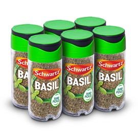 Schwartz Basil 10 G | Jar | Pack of 6 | Sweet and Peppery Taste | Versatile Aromatic Herb to Elevate Any Meal | Perfect for Italian and Mediterranean Classics, Soups, Salads and Desserts