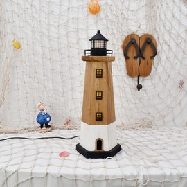 Wooden Lighthouse Decor with Light Nautical Tabletop Centerpiece Beach Themed Decoration Decorative Light Tower Wood Coastal Figurine Indoor Outdoor Party Décor Ocean Ornament (Brown)