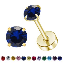 Natural Birthstone Stud Earrings for Women Teen Girls, Small 3mm CZ Stud Flat Back Earrings, Screw Back Tiny Earrings Studs, Cartilage/Tragus/Second Hole Earrings (Gold, 9.Sep-Sapphire)