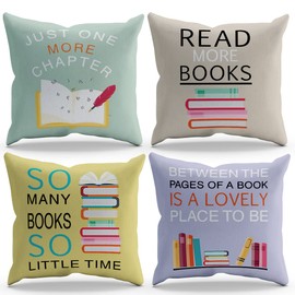 BXFAHZJ Classroom Pillows Throw Pillow Cover Library Decor Reading Nook Book Theme 18x18 Inch Set of 4 Decor for Home Reading Room Dorm Gifts for Book Lovers Student.