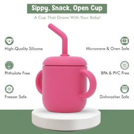 Teo 3-in-1 Baby Sippy & Snack Cup – Spill-Proof Silicone Toddler Cup with Straw & Snack Lid – BPA-Free, Leak-Proof, Dishwasher & Microwave Safe – Easy Grip Training Cup for Babies & Kids - Pink
