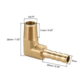 sourcing map Brass Barb Hose Fitting, 90 Degree Elbow 6mm Barbed to 1/8 PT Male Pipe Adapter Connector 3pcs