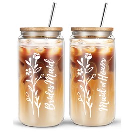 DHQH Bridesmaid Proposal Gifts,16 Oz Bride Glass Cups with Bamboo Lids and Straw, Maid of Honor Gifts for Bridal Shower Wedding Bachelorette Party