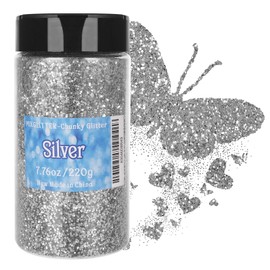 PIXGLITTER Chunky Glitter, 7.76oz/220g Silver Craft Glitter Powder, 1/24" Metallic Flakes Chips for Epoxy Tumblers, Hair Face Body Eye Nail Art Festival, DIY Party Decorations
