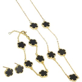 Lucky Clover Necklace Jewelry Sets,18K Gold Plated Flower Design Leaf Bracelet,Clover Earrings for Women Lucky, Leaf Clover Necklac_Black)