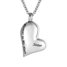 Skew Heart Cremation Urn Ashes Necklace Forever in My Heart Stainless Steel Keepsake Waterproof Memorial Pendant … (Sister)