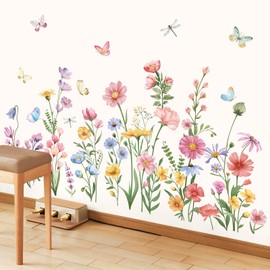 wondever Pink Wildflower Wall Stickers Garden Flower Daisy Butterflies Floral Botanical Wall Art Decals for Bedroom Living Room Sofa