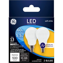 GE LED Light Bulbs, 60 Watt, Soft White, A15 Ceiling Fan Bulbs, Frosted, Small Base (2 Pack)