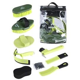 ShineWell Kit de cepillos para el cuidado de caballos Shinewell de 8 piezas con bolsa organizadora, serie de cuidado para el cuidado de caballos, juegos de cepillos para caballos, color verde