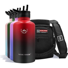 NATURE PIONEOR Insulated Water Bottles with Straw - 64oz Stainless Steel Vacuum Water Bottle with Holder/Carrier/Sleeve - Reusable 18/8 Food Grade Thermos Water Jug