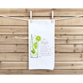 Mojito Recipe Kitchen Towel with Hanging Loop - 100% Cotton Flour Sack Hand Towels - Cocktail Bar Decor - Housewarming Hostess Birthday Christmas Thanksgiving Mother's Day Gift