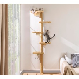 5-Tier Tall Cat Tree for Kittens, Floor to Ceiling Wall Mounted Cat Wall Shelves with Brown Plush Pads, Adjustable Wild Simulation Cat Tower for Climbing, Scratching & Lookout