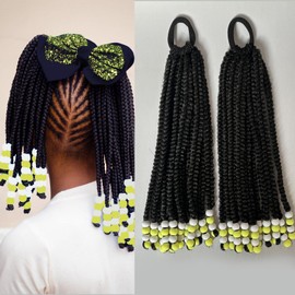 2 Pieces Box Braids Kids Ponytail With Beads - 10inch Box Braids Hairstyles for Kids Cute Braids with Beads Protective Braided Hairstyles for Black Girl (10inch Yellow Beads)