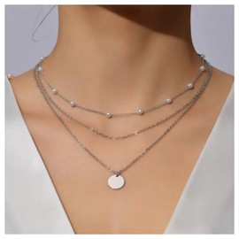 Inilbran Boho Layered Disc Coin Choker Necklace Silver Pearl Necklace Choker Vintage Station Pearl Necklace Multilayer Coin Pendant Necklace Jewelry for Women and Girls