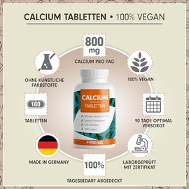 Calcium Tablets 180x – Optimal High Dose with 800 mg Calcium per Day – Preservation of Normal Bones & Teeth – High-Quality Calcium Carbonate – Laboratory Tested with Certificate – 100% Vegan – Supply for 90 Days