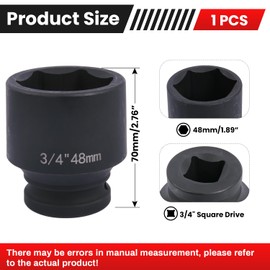 Deep 6-Point Impact Socket 3/4" Drive 48mm,Chrome Molybdenum Steel, Anti-Rust Metric Hex Socket for Car Repairs and Impact Wrench