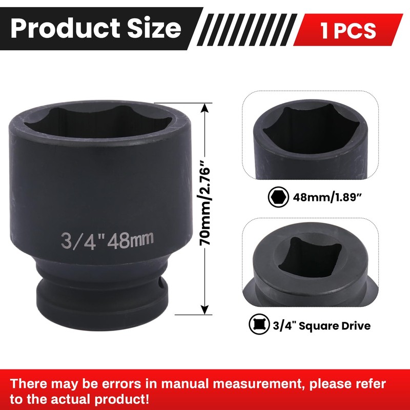 Deep 6-Point Impact Socket 3/4" Drive 48mm,Chrome Molybdenum Steel, Anti-Rust