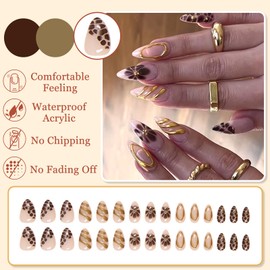 24 x Artificial Nails Almond Medium, Nude Pink French False Nails, Gold Stripes & Flowers Stiletto Fingernails for Sticking, 12 Sizes Fake Nails for Women Girls