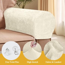 Armrest Chair Covers, Set of 4 Anti-Slip Stretch Chenille Couch Arm Cover with 20 Twist Nails, Armrest Covers Thickened Arm Caps Slipcovers for Sofa Couch Chair Recliner Protector, Aurora White