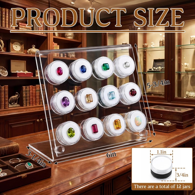 Yalikop Acrylic Gemstone Display Stand with 12 Clear Jars, Acrylic