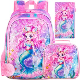 UFNDC 3PCS Mermaid Backpack for Girls, 16”Kids Sequin Bookbag with Lunch Box, Water Resistant School Bag for Elementary Preschool Toddler