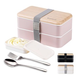 Original Bento Box Lunch Boxes Container Bundle Divider Japanese style with stainless steel Utensils spoon and fork (Pink)