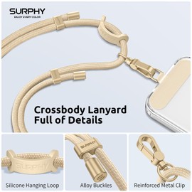 SURPHY Phone Lanyard with Patch, Adjustable Crossbody Phone Strap, Neck Phone Holder Compatible with Most Phones, Airpods, Key Lanyard and more (Khaki)