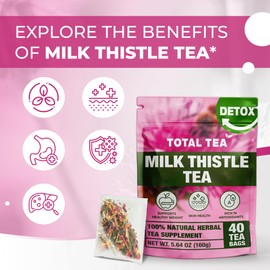 Total Tea 100% Natural Milk Thistle Seeds Tea for Liver Cleanse, Detox, Digestive Health Tea Gift - 40 Tea Bags (Packaging May Vary)