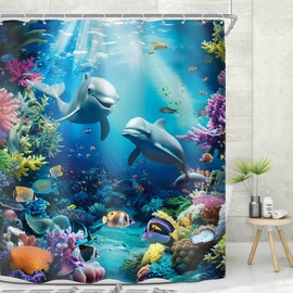MESHELLY Ocean Beach Shower Curtain 60Wx72H Underwater Tropical Sea Animal Dolphin Coral Fish Nautical Coastal Botanical Bathroom Nature Bath Curtain Bathroom Accessories Decor with 12 Hooks