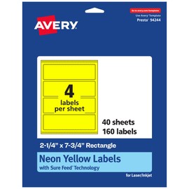 Avery Printable Rectangle Labels with Sure Feed Technology, 2-1/4" x 7-3/4", Neon Yellow Labels, Print-to-The-Edge, Laser/Inkjet, 160 Total, Great for Candle Labels and Jar Labels