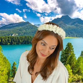 Flower Headband "Bianca" with White Satin Flowers Hair Accessories - Wedding Hen Party Oktoberfest Summer Party Folk Festival Christmas Communion Carnival Fancy Dress (Bianca White)