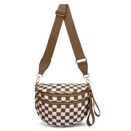 WOOMADA Checkered Crossbody Bags for Women, Nylon Checkered bum bag, Stylish Belt Bag Purse with Adjustable Shoulder Strap(Brown Checkerboard)