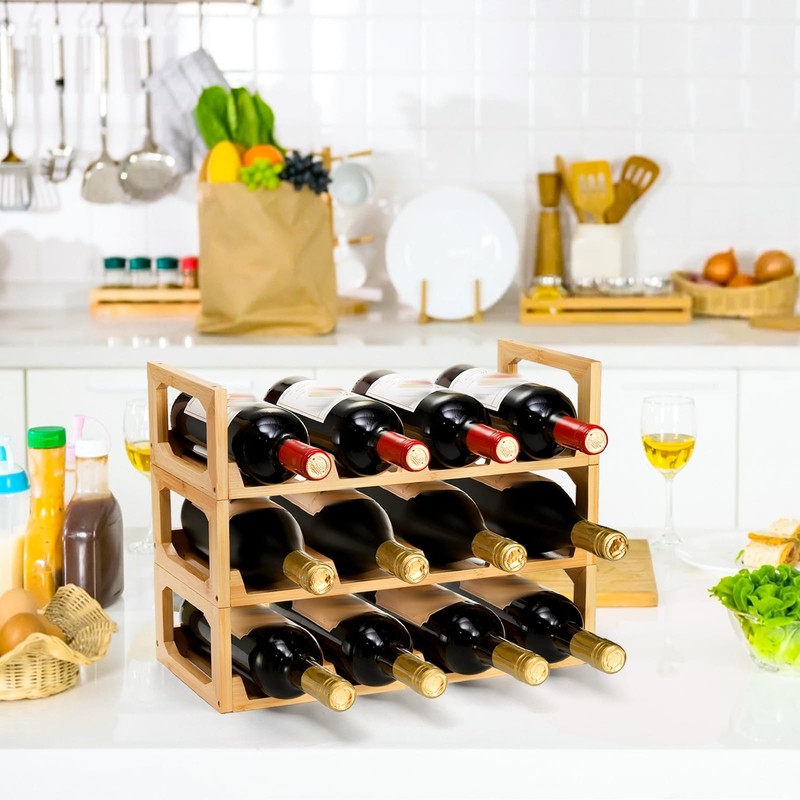 Pumtus 3 Tier Bamboo Water Bottle Organizer, Stackable Bottle Storage