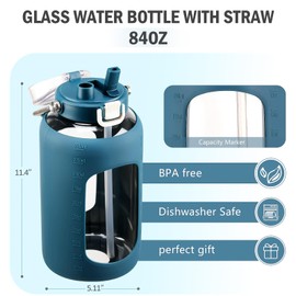 BLUEGO 84oz Water Bottle Glass with Stainless Steel Handle Large 2.5l Water Bottle with Time Markers and Silicone Sleeve Half Gallon Water Jug BPA Free for Gym Daily Use, Dark Blue
