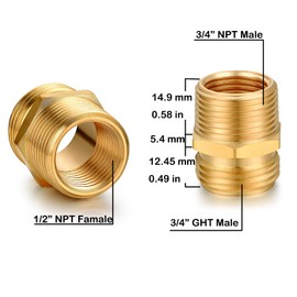 YELUN 3/4” GHT Male to 3/4” NPT Male Connector or 3/4” GHT Male to 1/2” NPT Famale Connector,Brass Garden Hose Fitting, Adapter, Garden Hose to Pipe Fittings Connect (2 Pack)