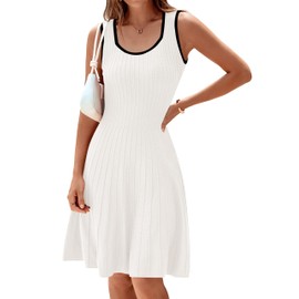 MASCOMODA MASCOMODA Women 2025 Casual Summer Mini Dresses Sleeveless Sweater Dress Square Neck A Line Swing Knit Tank Short Dress (Beige White,Small)