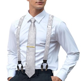 Hi-Tie Men's Suspenders and Tie Set Adjustable Y Braces and Pocket Square Set Strong 6 Clips for Tuxedo Wedding Prom,Silver