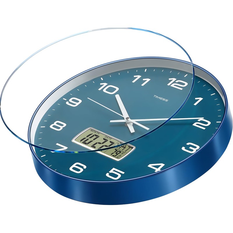 TIMESS 12-Inch Non-Ticking Analog Wall Clock with LCD Display, Blue