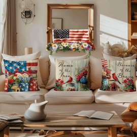 QIONG MENG 4th of July Pillow Covers 18x18 Inch Set of 4 Cardinal Floral Patriotic Throw Pillowcase Independence Memorial Day Cushion Case for Home Sofa Farmhouse Decorations