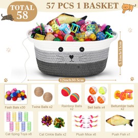 Zopeal 58 Pcs Cat Storage Basket Gift Toys Set, Colorful Flashing Balls Pet Bell Crinkle Balls Spring Toys Attract Cat to Swat, Bite, Hunt, Interactive for Pet (Multicolor,12 Inch)